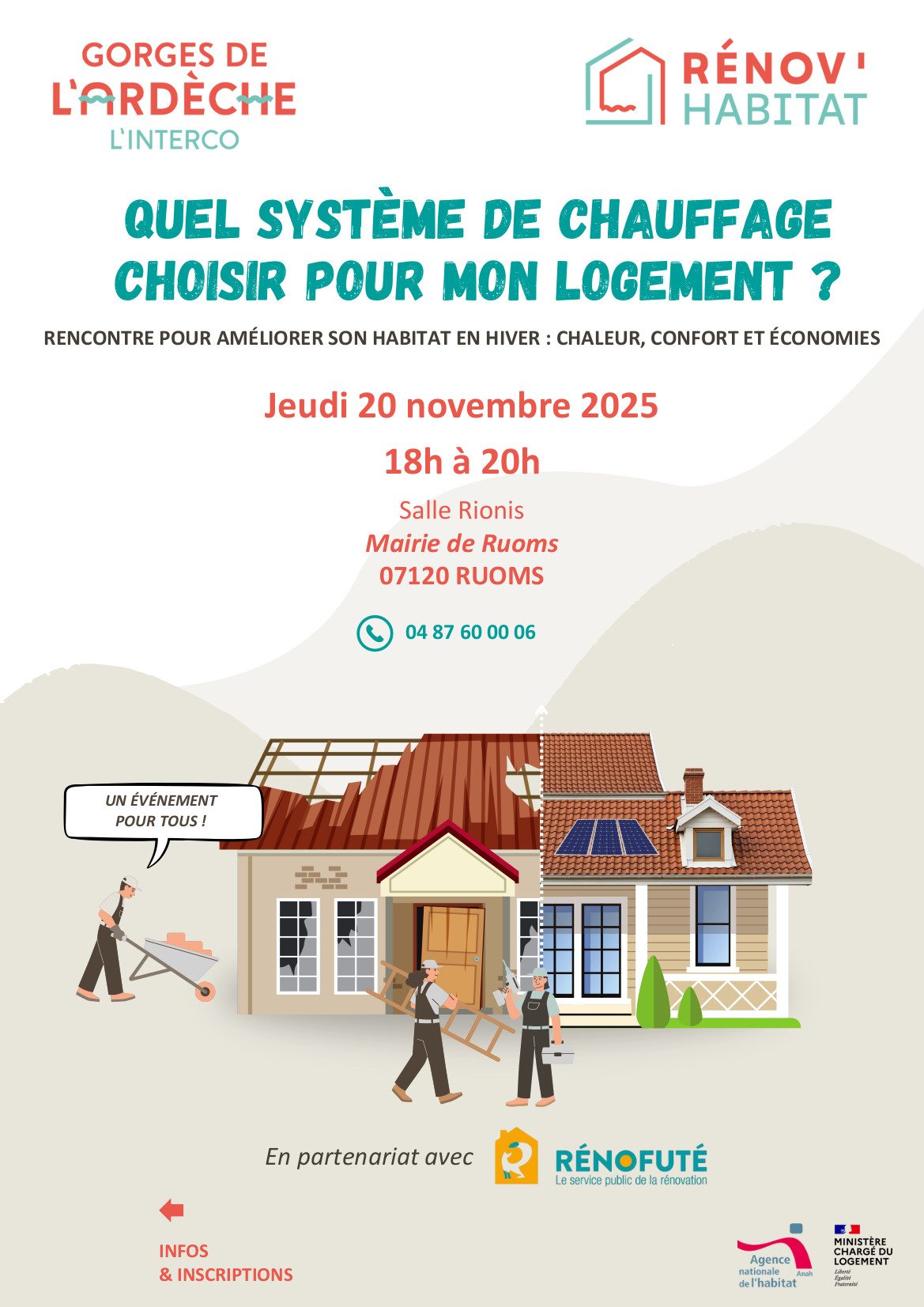 affiche Quel système de chauffage choisir pour mon logement ?_20/11/2025_Ruoms_Renov Habitat CC Gorges de l'Ardèche et Rénofuté